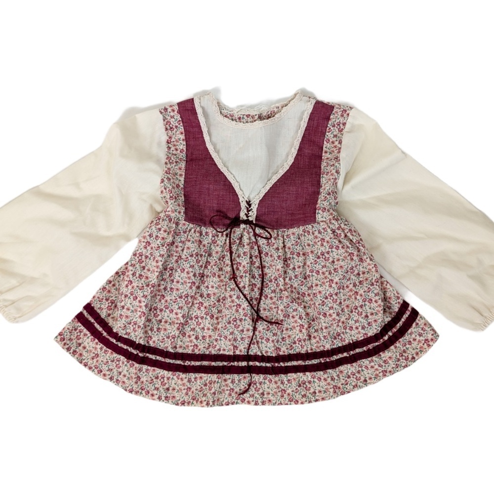 70s Floral Apron Blouse Red Trim Long Sleeve Front Tie Bow Peasant Milkmaid